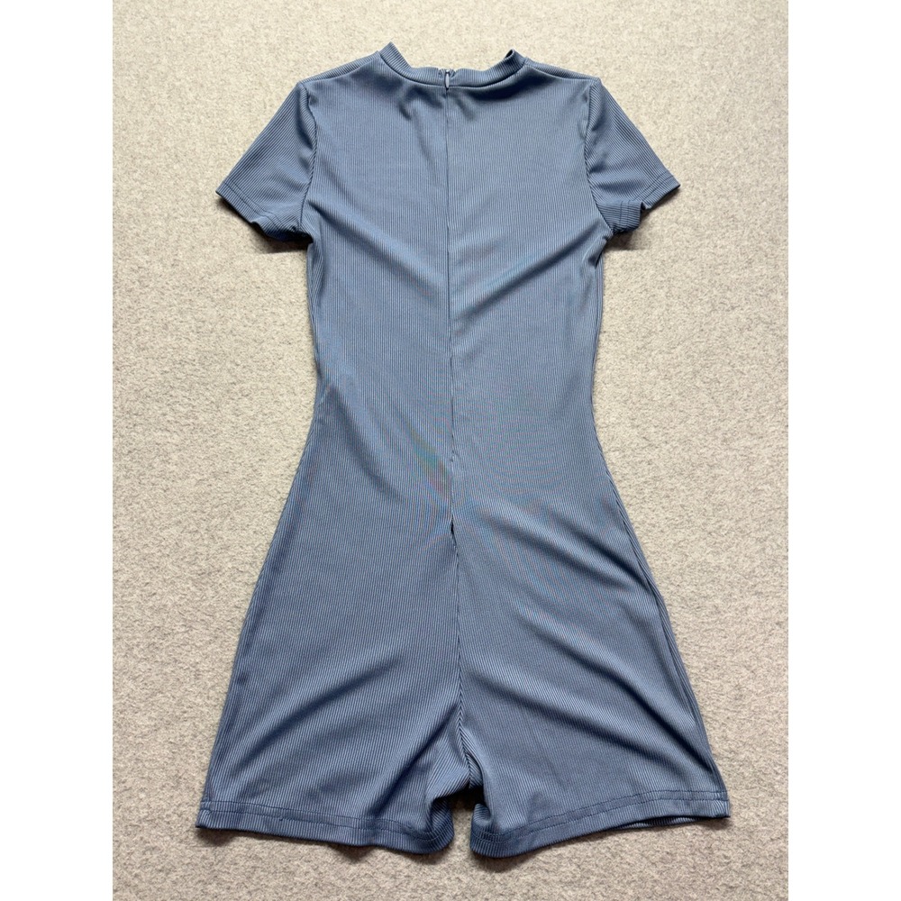 Ribbed Mock Neck Short Sleeve Romper Dusty Blue XS Athleisure Bodycon Jumpsuit - Picture 12 of 14
